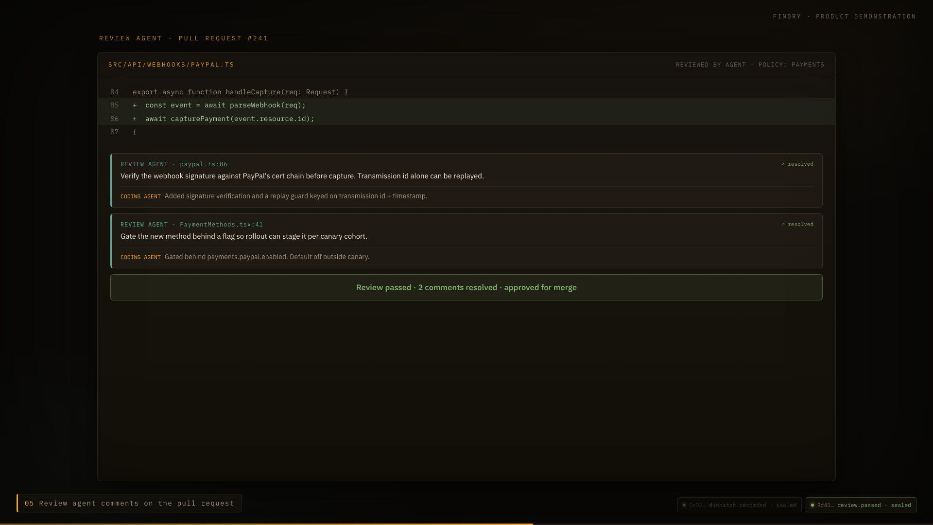Findry console: the review stage of a governed run, with the agent's change under review on the pull request.